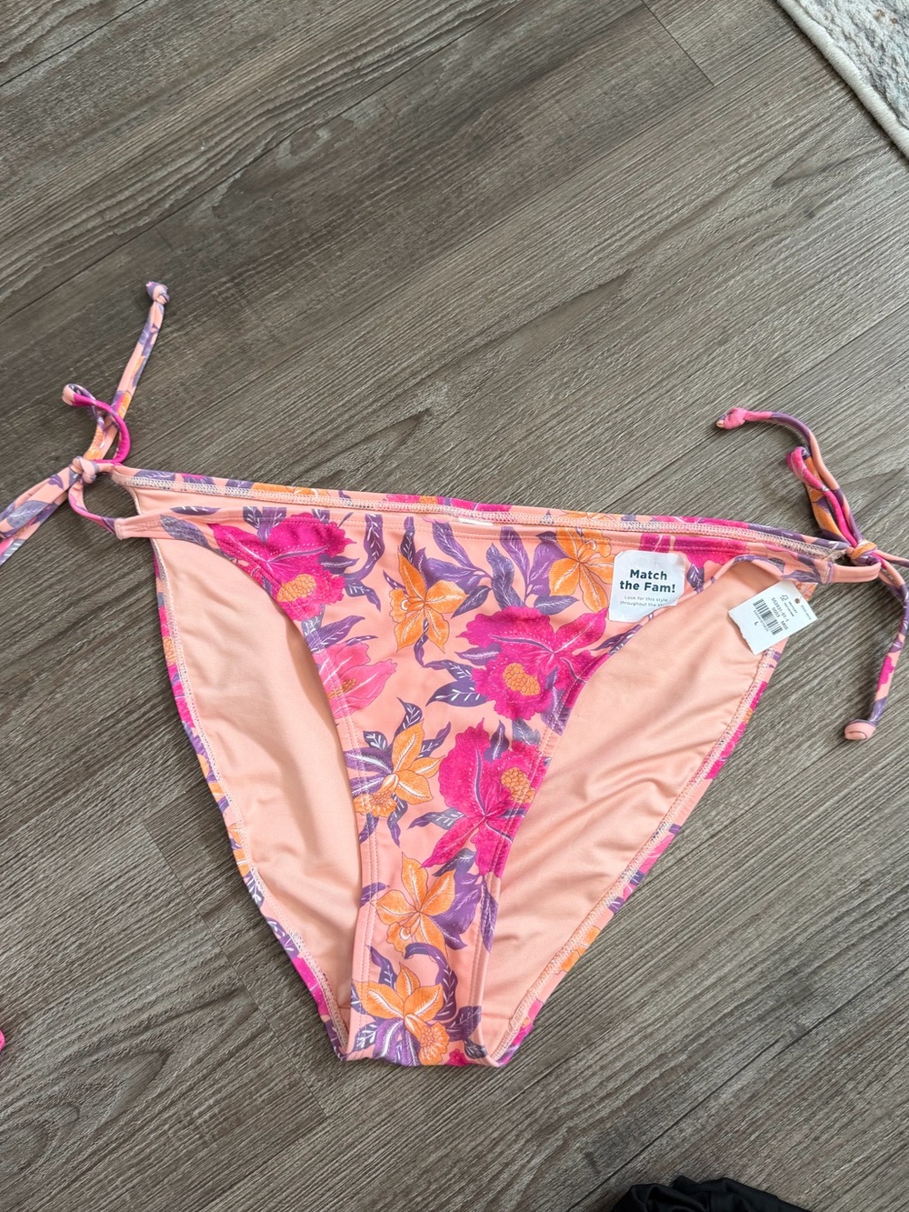 Floral Tie-Side Bikini Bottom - Peach with Pink & Purple Flowers size large